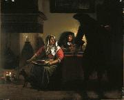 Interior with Two Gentleman and a Woman Beside a Fire, Pieter de Hooch